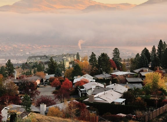 An aerial view of the city of Kamloops, British Colombia during the autumn.