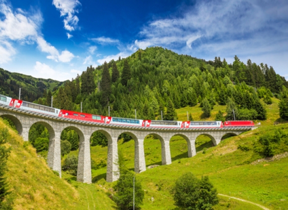 The Glacier Express travels over a viaduct
