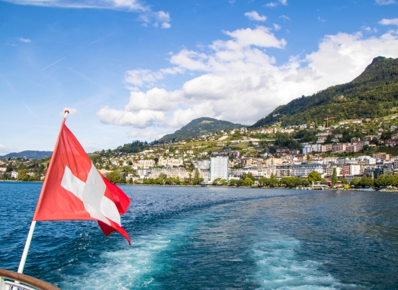 View of Montreux from a boat on Lake Geneva (Vaud, Switzerland)