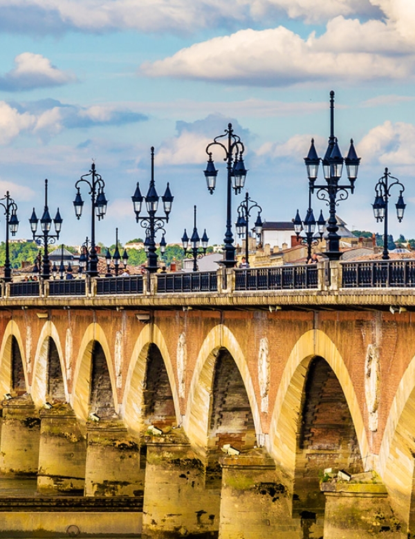 The Pont de Pierre in Bordeaux, a port city on the Garonne River in southwestern France.