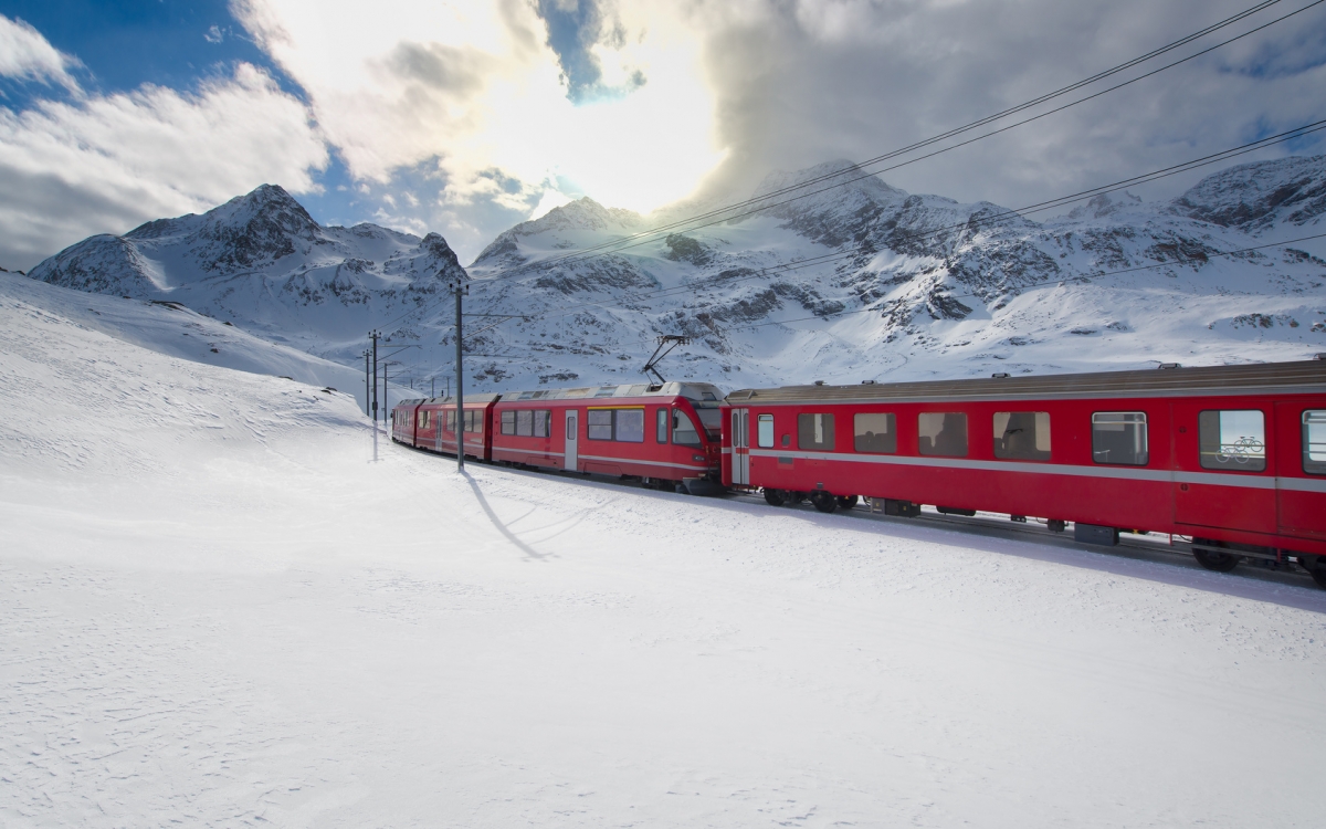 Bernina Express Train exterior in the snow