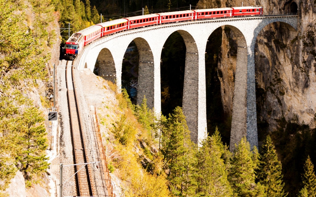 The Bernina Express A train travels over a viaduct