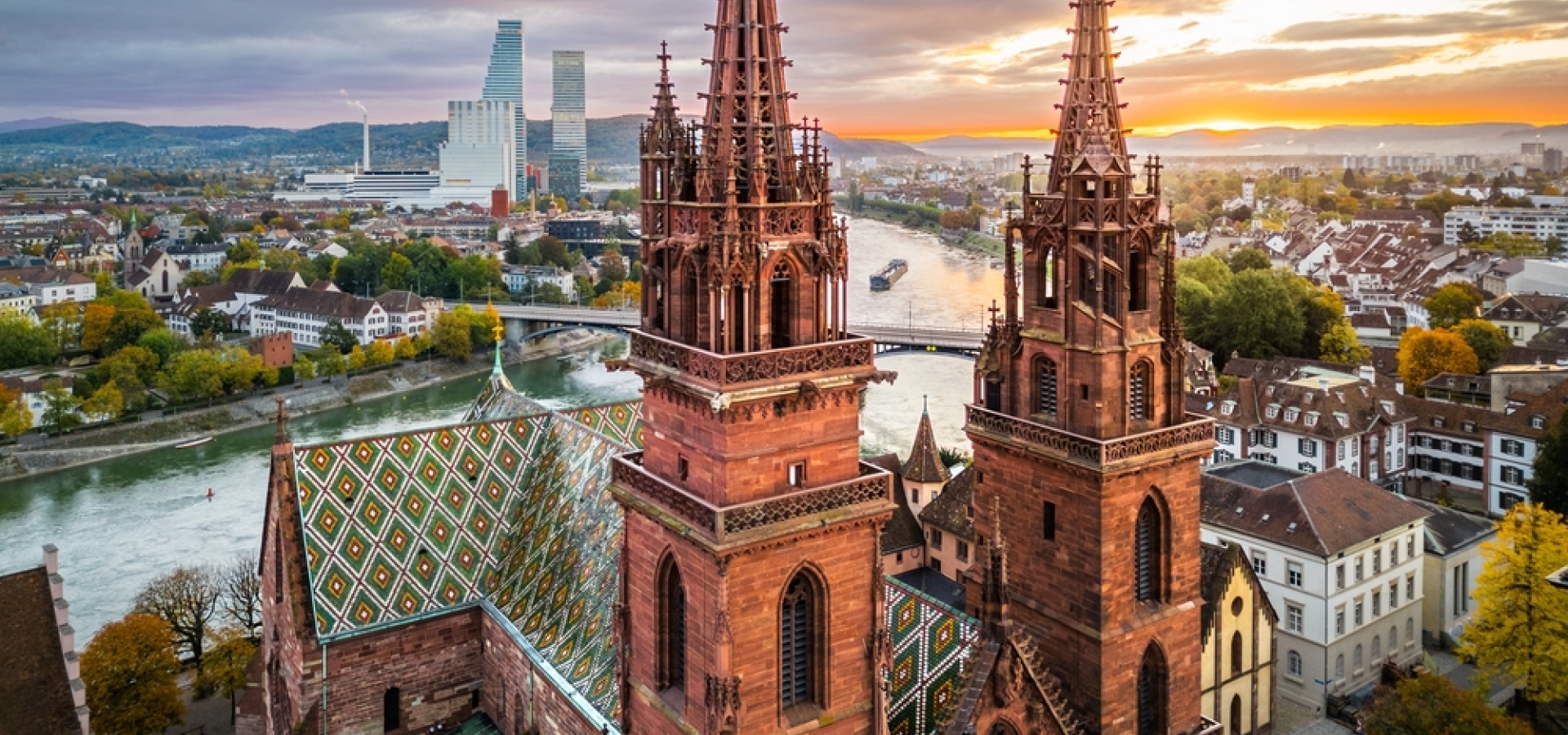 Basel, Switzerland sunrise over the Rhine River.