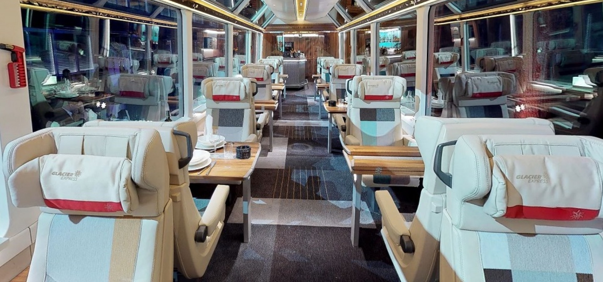 Glacier Express - Excellence Class Inside an empty luxury train carriage