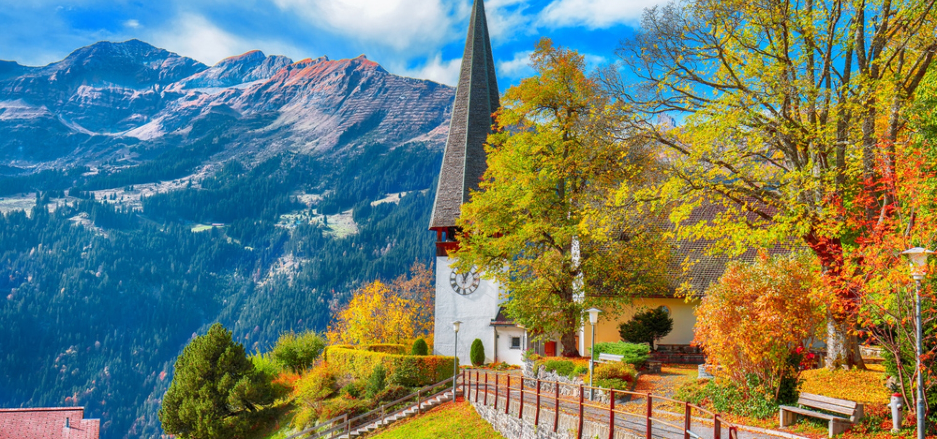 Wengen Switzerland mountain and steeple view autumn
