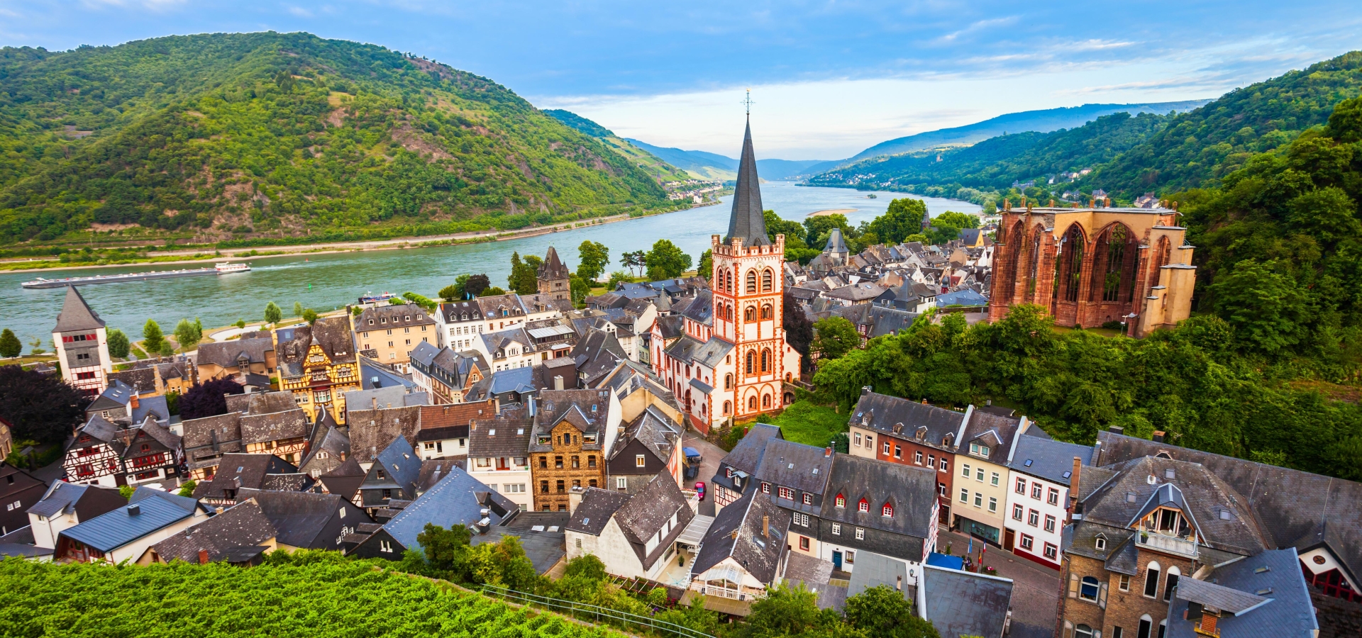 Bacharach aerial panoramic view. Bacharach is a small town in Rhine valley in Rhineland-Palatinate, Germany