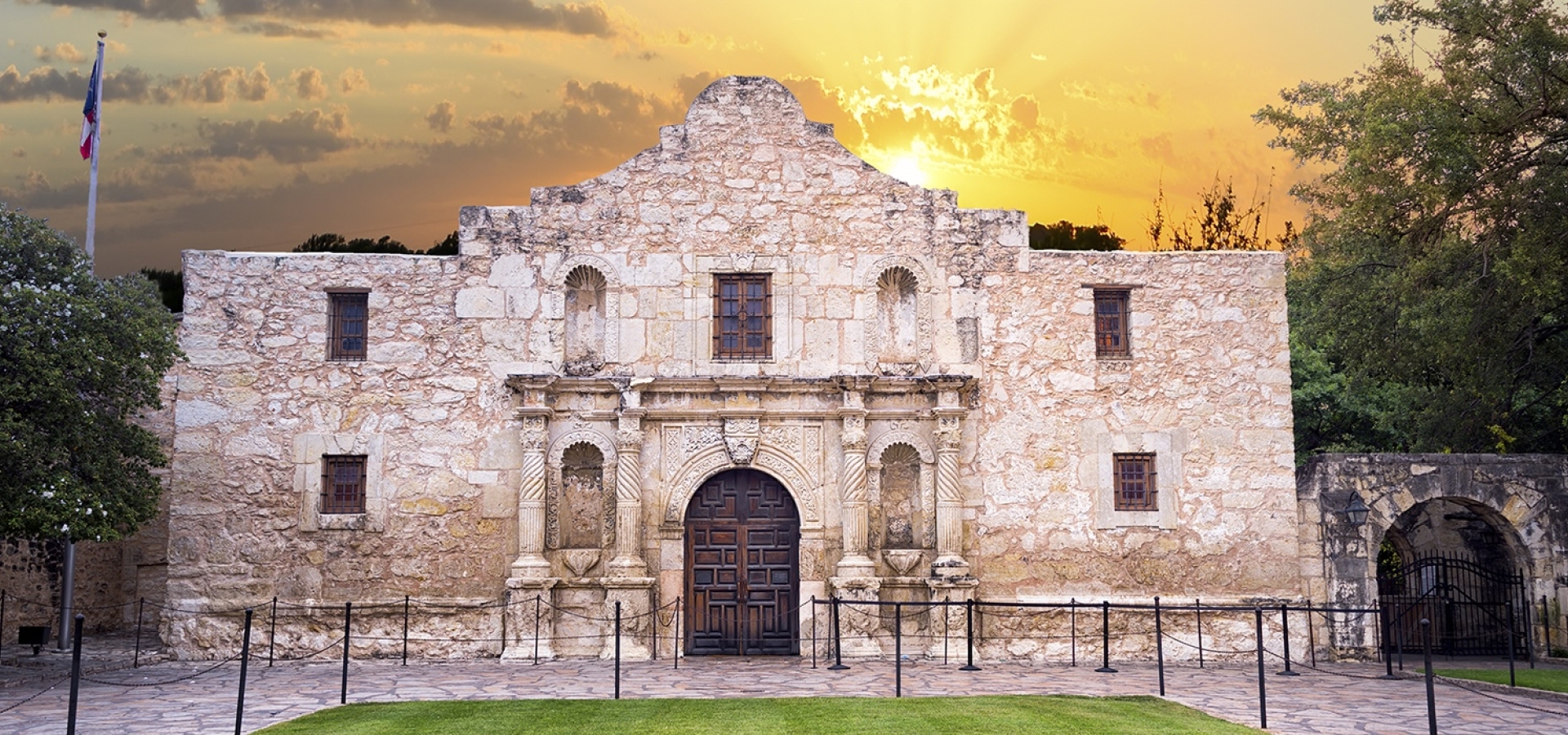 Exterior view of the historic Alamo in San Antonio, Texas shortly after sunrise