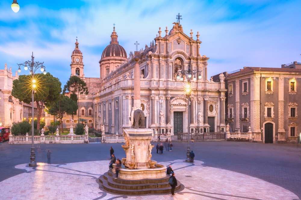 Piazza Duomo in Catania with the Cathedral of Santa Agatha and Liotru, symbol of Catania in the evening, Sicily