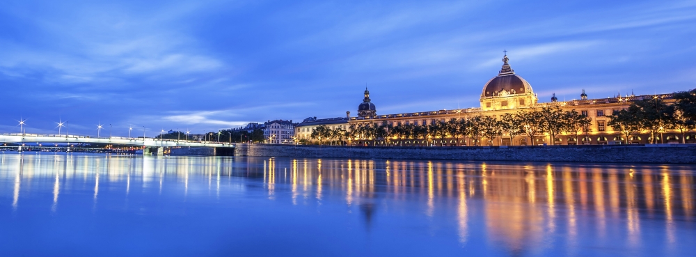 View of Rhone river in Lyon at night, France