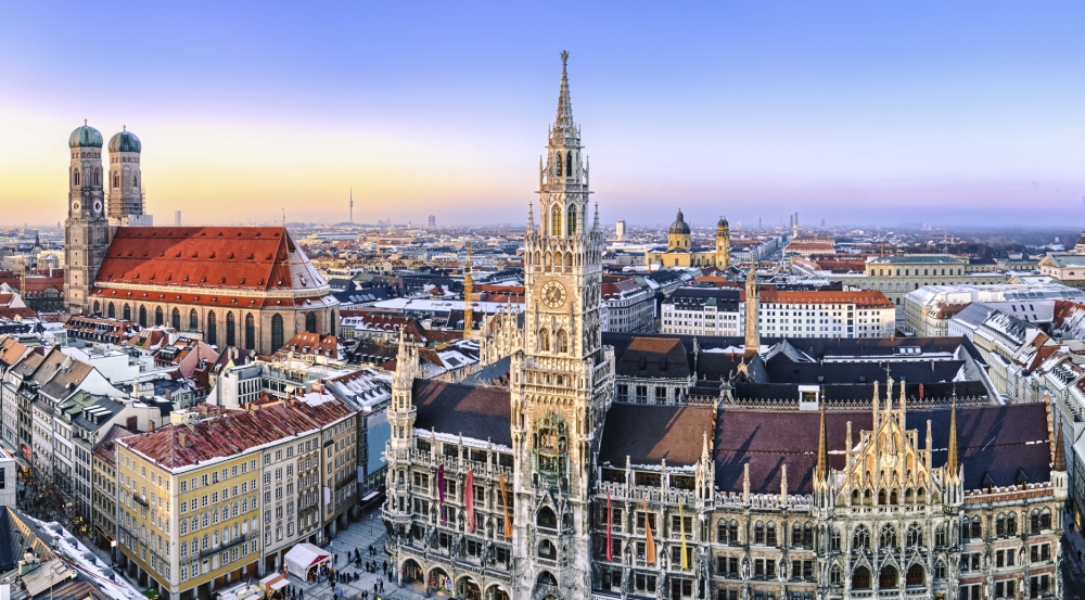 Aerial view of Marienplatz Square and New Town Hall in Munich, Germany
